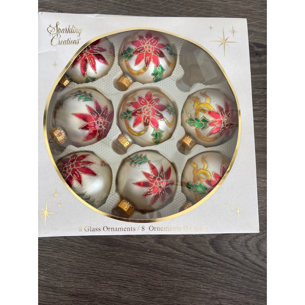 Vintage Hand Painted Christmas Ornaments 7 Poinsettia White Gold Glitter